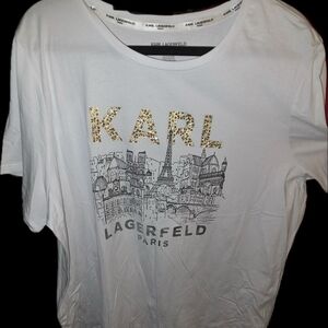 Karl Lagerfeld White Tee with Gold and Black Graphic